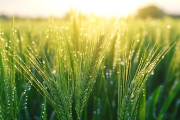 Dewy Wheat Stalks Glowing with Sunrise Light, Green Field Agriculture Beauty