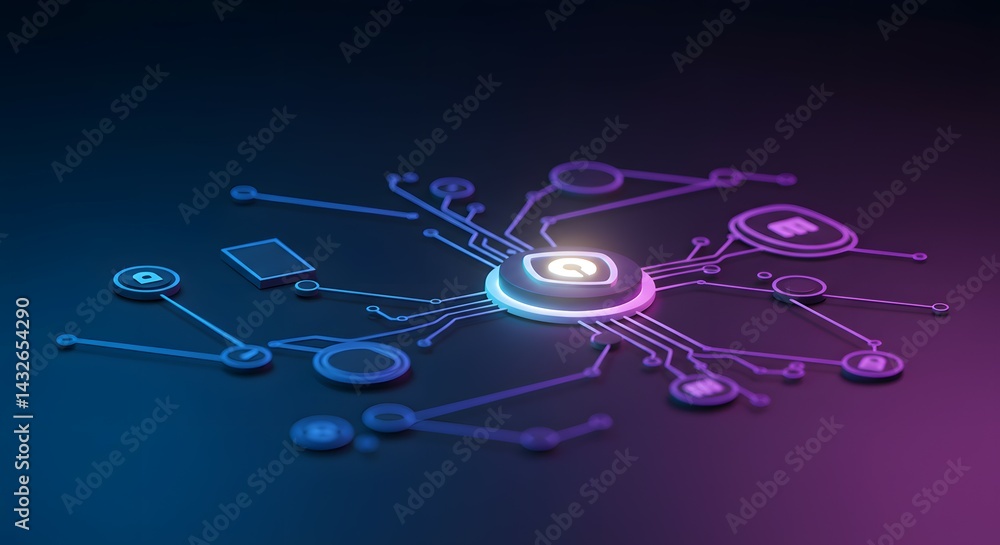 Poster abstract futuristic technology network interconnected nodes and circuits in vibrant neon colors, rep