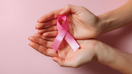 Hands holding a pink ribbon symbolizing breast cancer awareness