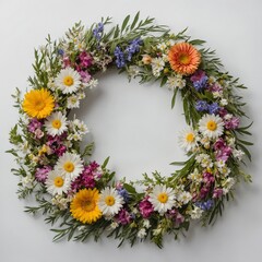A wreath made of mixed spring flowers, white background