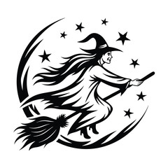 Witch Silhouette Flying on Broom, Black and White, Pointy Hat, Shoes, Flowing Hair