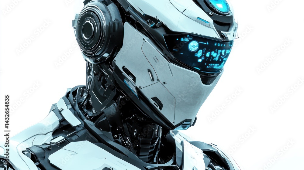 Aufkleber futuristic android visage with digital visor and intricate mechanical structure