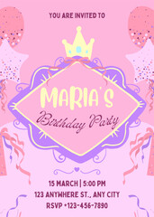 Princess Birthday party invitation template vector illustration. Birthday girl invitation card design.