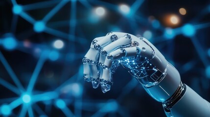 Robot hand reaching out towards a connected network of digital information