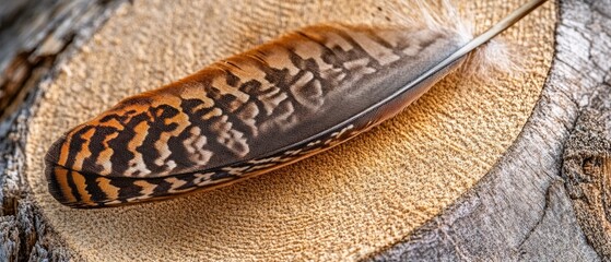 Fototapeta premium Intricate Details of a Wild Bird Feather Resting on a Tree Stump: A Close-Up Macro Photography