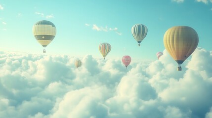 Fototapeta premium Serene Hot Air Balloons Drifting Above a Dreamlike Cloudscape