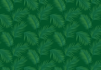 Seamless pattern with tropical palm leaves on dark green background. Vector hand drawn illustration. Hand drawn