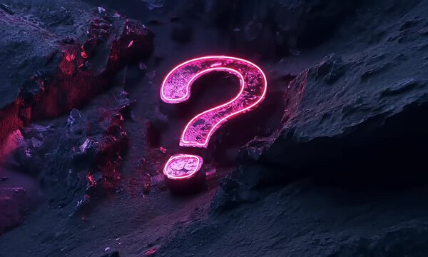 Neon glowing question mark, in the style of pink color on a dark purple background
