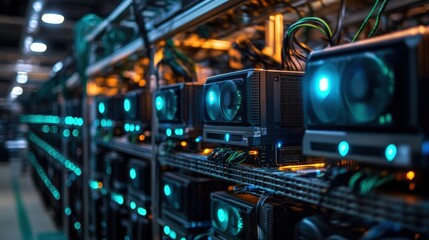 Cryptocurrency farm Racks of servers with glowing fans, cables, and lights in a bright room