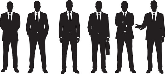 Vector black silhouettes of standing front-facing male business professionals in suits, formal full-body poses, ideal for corporate design, branding, and visual assets.