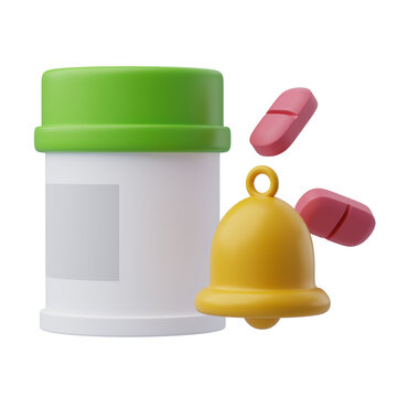 3D Pill bottle, and pills with otification, Remind to take medicine pills on time.