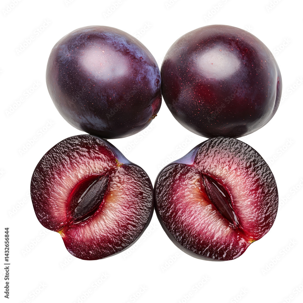 Poster ripe plum slices arranged with whole plums on a clean transparent background showcasing their rich c
