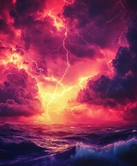 Naklejka premium Fiery Tempestuous Ocean: A Dramatic Seascape Under a Sky of Lightning and Crimson Clouds