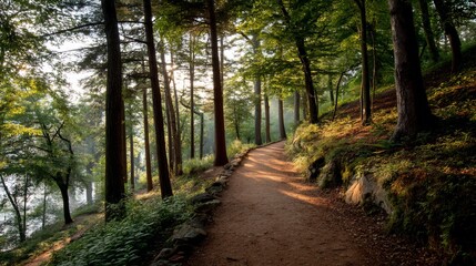Sunlit path through a serene forest, leading to a tranquil vista