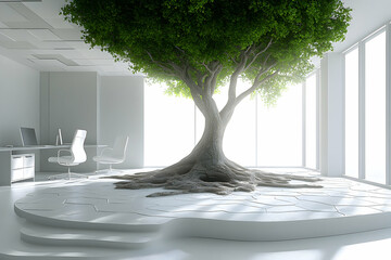 Minimalist interior design green tree tranquil setting