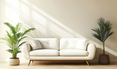 Minimalist living room interior design white furniture plants