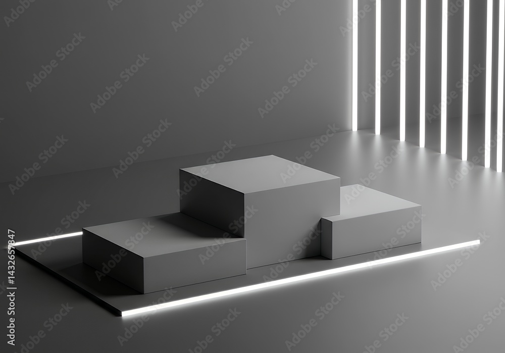 Poster display platform with minimalist background and light stripes