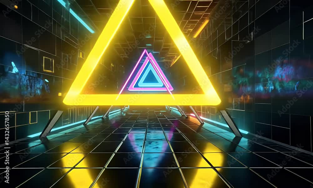 Poster a futuristic background with glowing neon triangles on the sides of an empty dark room, creating an 