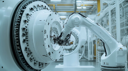 A robotic arm assembling wind turbine nacelles, massive white components in the background, automated renewable energy production plant