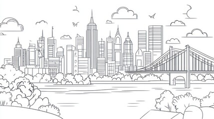 Obraz premium Cityscape Skyline, River, Bridge, Park, Urban Illustration