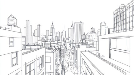 Aerial Cityscape Sketch, Downtown, Buildings, Skyline, Urban, Architectural Design, Illustration