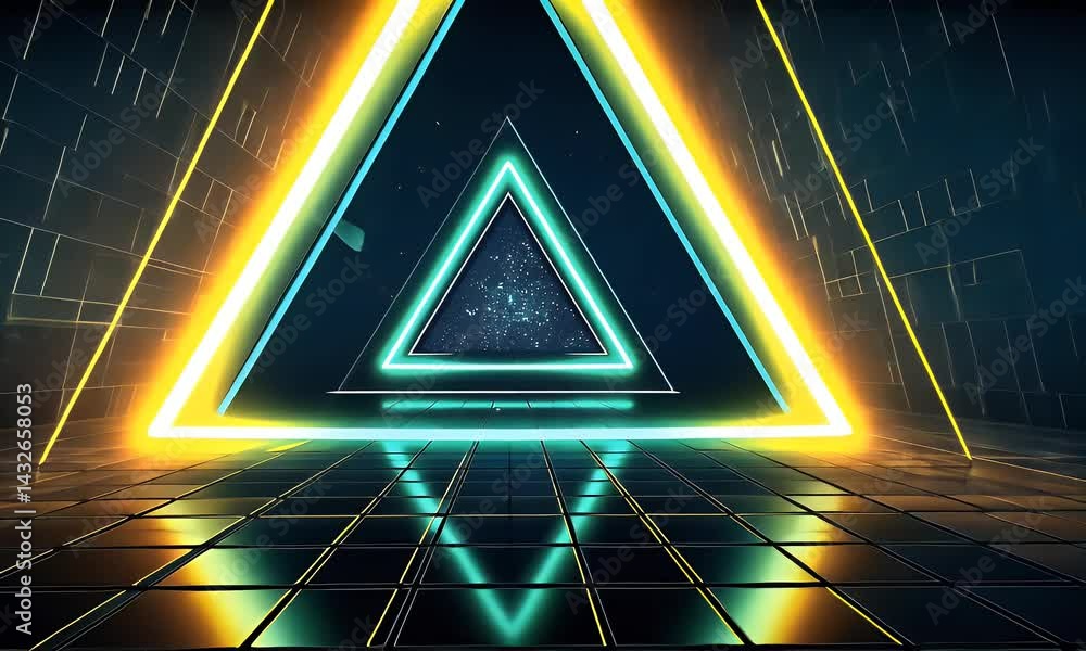 Poster a futuristic background with glowing neon triangles on the sides of an empty dark room, creating an 