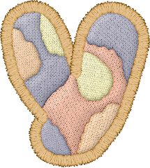 Beautiful alphabet patchwork letter uppercase Y with embroidery in various textile colors and textures