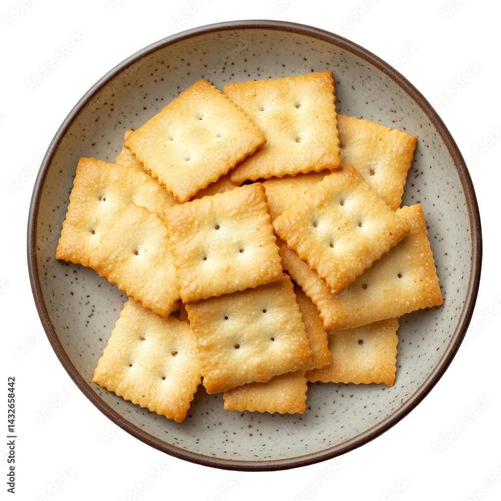 Poster crunchy golden crackers arranged neatly on a simple brown plate isolated against a clean transparent