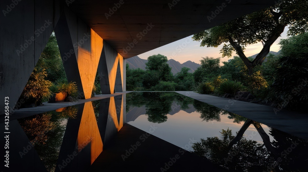 Poster modern architectural structure with a tranquil reflecting pool.
