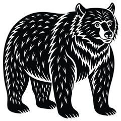 Stylized Black Bear Standing, Isolated, Minimalist Style, Wildlife, Silhouette with White Fur