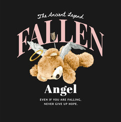 fallen angel slogan with bear doll angel with arrow on back vector illustration on black background