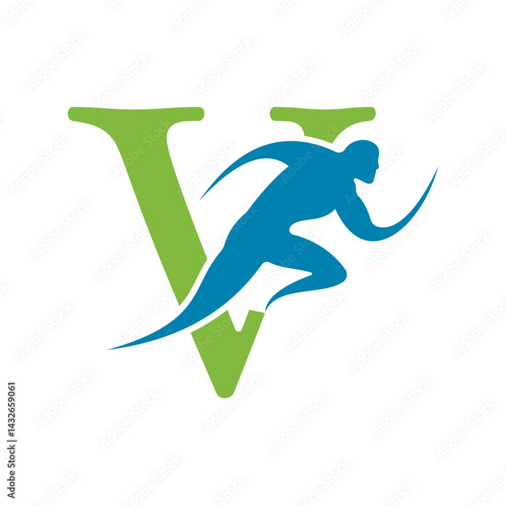 Poster initial running logo combine with letter v vector template