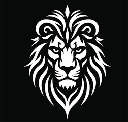 This is a black vector-based graphic illustration of a lion's face, designed in a symmetrical and stylized manner. The image features high-contrast white linework forming the mane and facial structure