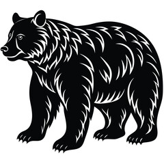 Standing Bear Silhouette, Black Color, Walking Bear With Ornamental Fur, Wild Animal