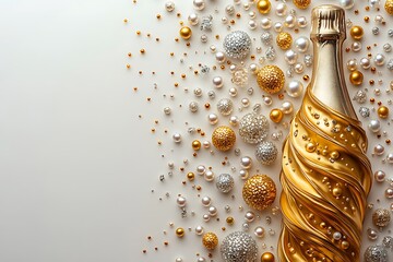 Naklejka premium Elegant champagne bottle wrapped in gold with pearls and glitter balls festive celebration