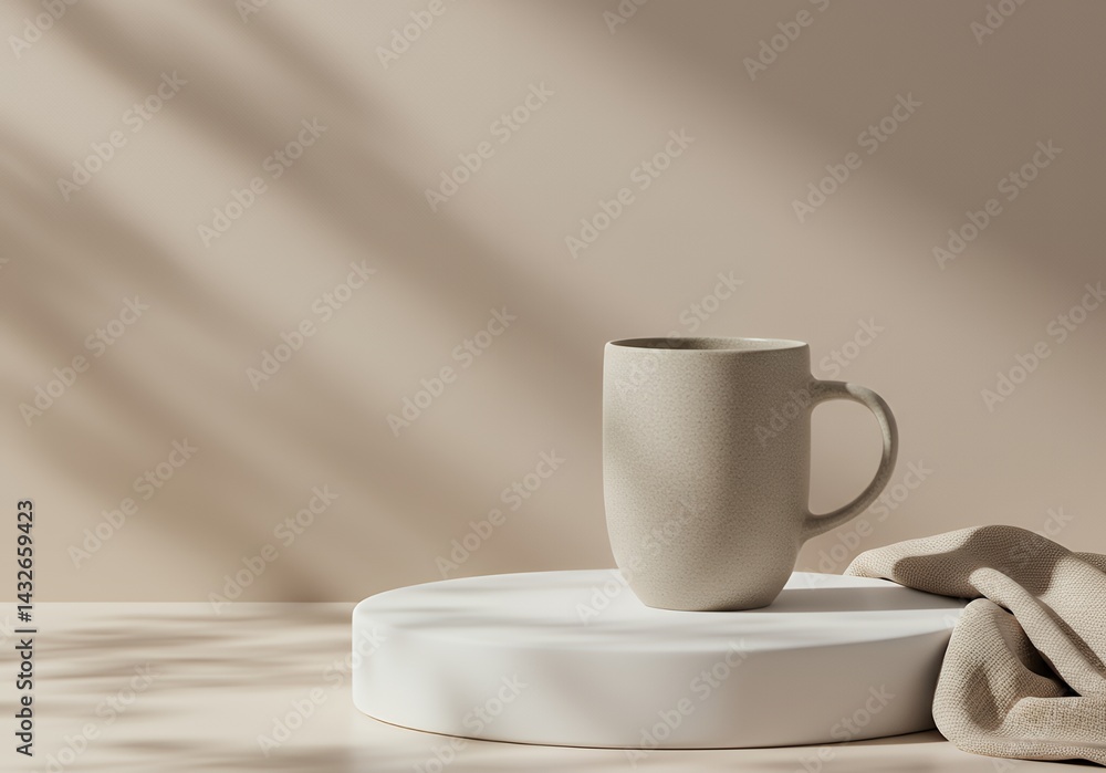 Poster mug on display stand with neutral color palette and shadow