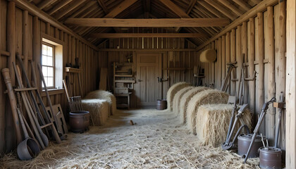 Historic Wooden Barn Interior with Hay Bales & Farm Tools