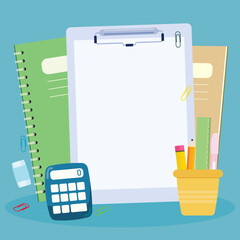 Blank clipboard with white sheet and office supplies.