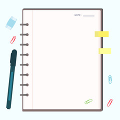 Note book with blank paper vector with pen and  yellow sticky note.