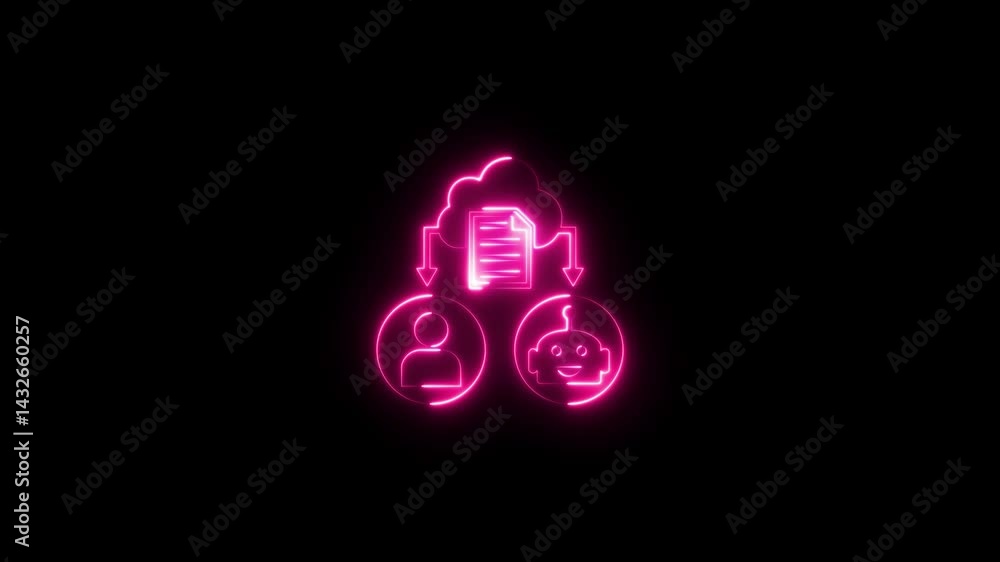 Poster glowing neon cloud collaboration icon. file sharing, document co-editing. cloud data server synchron
