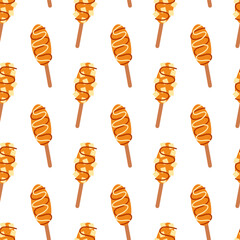 Korean food Seamless Pattern. Tteok kkochi. Hot dog. Background. Asian cuisine. Vector flat illustration.