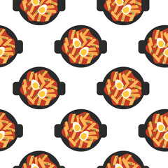 Seamless Pattern. Korean food element. Tteokbokki. Asian cuisine. Vector flat illustration.