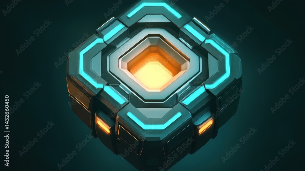 Poster futuristic illuminated cube with intricate geometric metal framework design