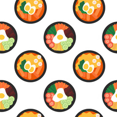 Seamless Pattern, Korean food. Bibimbap, ramen. Asian cuisine. Vector flat illustration.