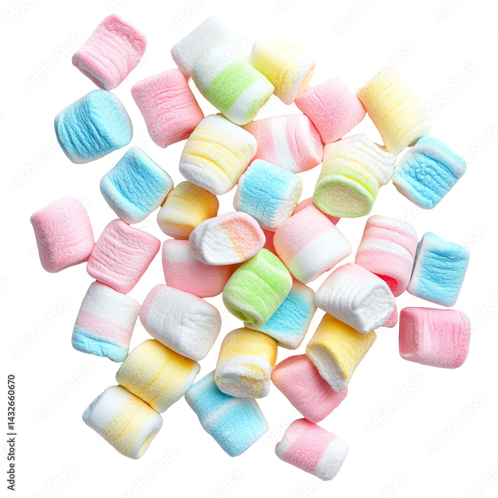 Poster colorful marshmallows scattered on a transparent background create a playful and sweet candy display