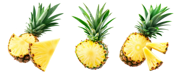 Set of pineapple with bright yellow flesh and green spiky leaves, isolated on white transparent background, symbolizing tropical freshness
