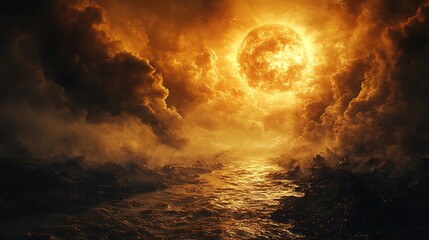 Alien Volcanic Planet with Erupting Geysers and Fiery Sky