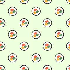 Seamless Pattern. Korean food. Gimbap. Asian cuisine. Vector flat illustration.