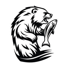 Monochrome Grizzly Bear Catching Fish Silhouette, Wild Animal Outline on White, Art