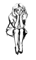 Sketch of a woman sitting. She supports her head with both hands. Elbows on her knees. Pencil drawing. Chaotic lines and strokes. Black color, gray texture. Isolated on white background.